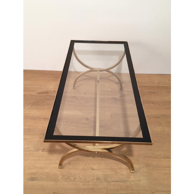 1940s Brass coffee table with clear glass top and black lacquered edges For Sale - Image 5 of 12