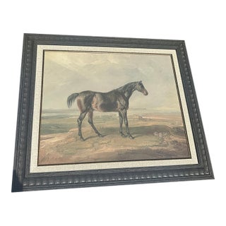 1990s Framed Black Horse on Mountain Top Print on Canvas, Signed by the Artist For Sale