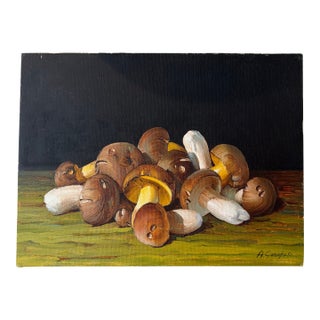 Still Life Oil Painting of Mushrooms by Italian Artist Angelo Garofalo For Sale