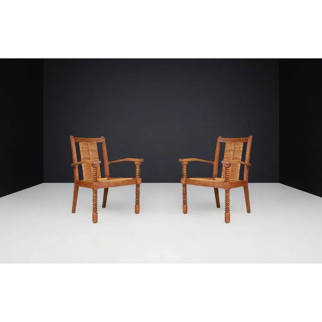 Oak and Rush Armchairs by Charles Dudouyt, France, 1940s, Set of 2 For Sale - Image 3 of 10