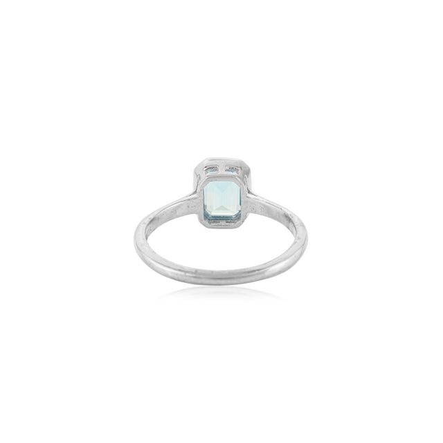 Metal Classic Octagon Cut Blue Topaz Silver Stackable Ring in Bezel Setting - Size 8.5 For Sale - Image 7 of 9