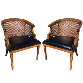 Vintage Mid Century Drexel Cane Barrel Back Club Chairs - A Pair For Sale
