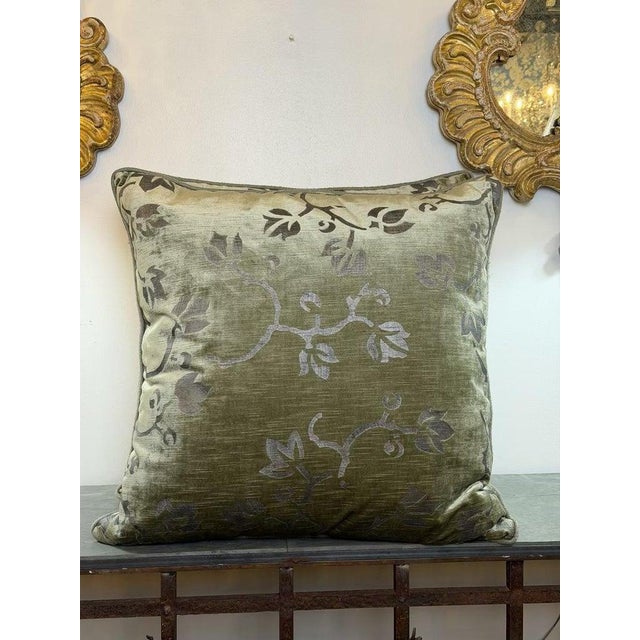 These luxurious pillows feature Nomi stenciled velvet in a serene celadon hue, beautifully accented with silvery gray...