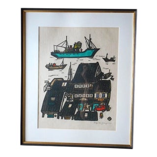 Vintage Mid 20th C. Pencil Signed Japanese Woodblock Print-Framed For Sale