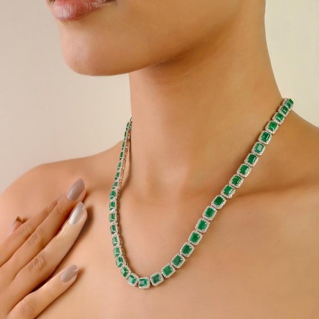 Vintage Byzantine Style 24.47 Ct Emerald Tennis Necklace in 14k White Gold For Sale - Image 4 of 13