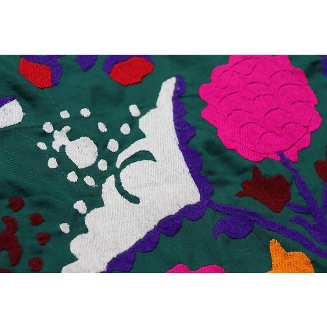 Forest Green Vintage Hand-Embroidered Suzani Wall Hanging, Uzbekistan, 1920s For Sale - Image 8 of 18