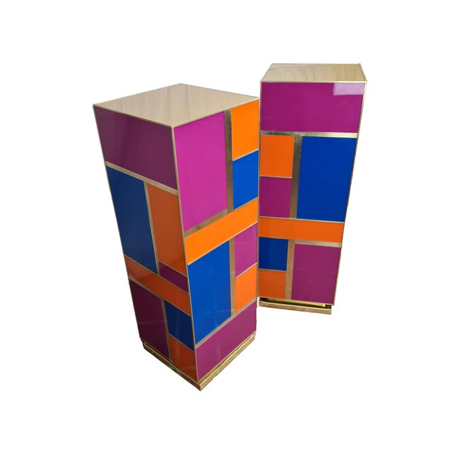 Multicolored sculpture pedestals made from the finest Murano glass and gold-plated brass. Each pedestal is a unique...