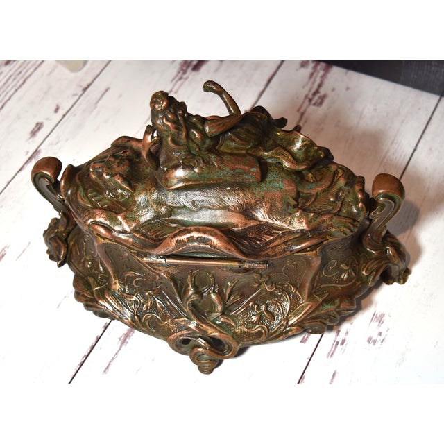 Antique Art Nouveau Metal Dresser Box Casket Lady on Bear Skin Rug For Sale - Image 10 of 18