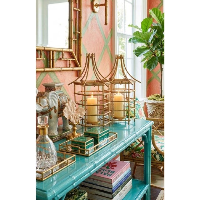 Metal Gold Gilt Pagoda Chinoiserie Regency Large Iron Pillar Candle Holders- A Pair For Sale - Image 7 of 7
