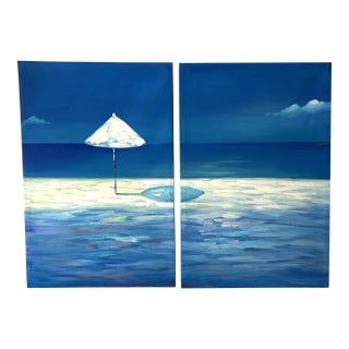 "White Umbrella" Double Canvas Painting, a Pair For Sale