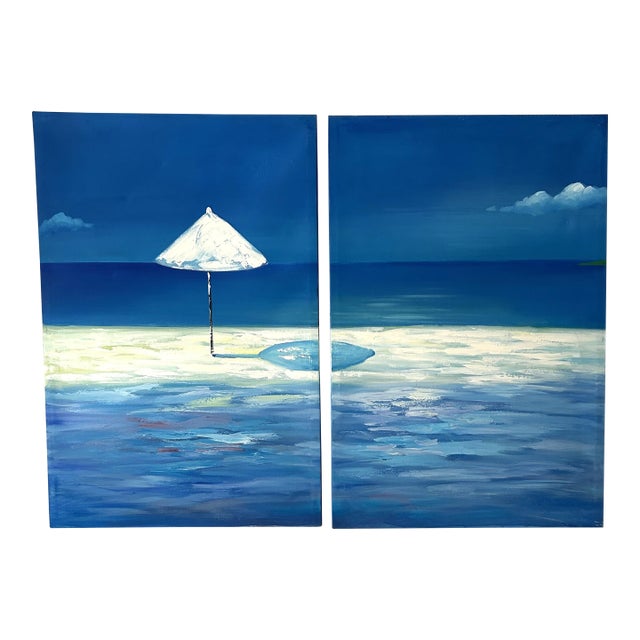 "White Umbrella" Double Canvas Painting, a Pair For Sale
