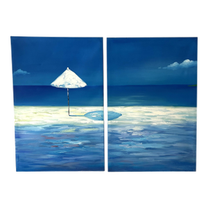 "White Umbrella" Double Canvas Painting, a Pair