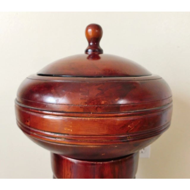 Mid-Century Modern Large Vintage Chunky Hand Carved Solid Mahogany Wood Dovetailed Covered Bowl & Pedestal For Sale - Image 3 of 12