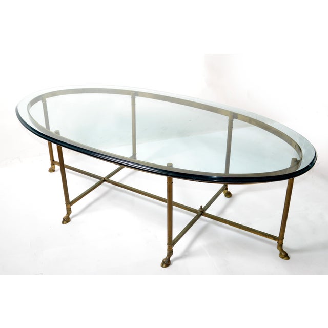1970s Hollywood Regency Mastercraft Brass Hoof Feet Coffee Table Racetrack Glass Top For Sale - Image 11 of 15