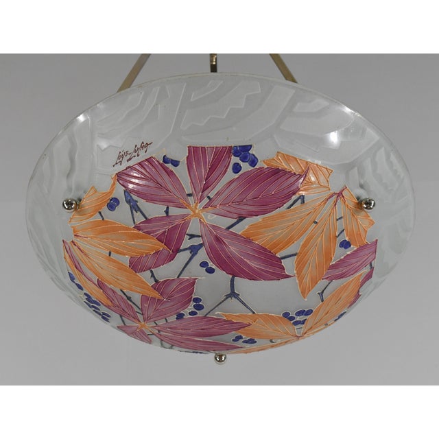 Loys Lucha French Art Deco Pendant Light 1930s - Red Orange Floral Enameled Bowl For Sale - Image 9 of 14