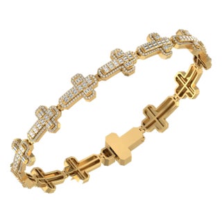 10k Yellow Gold Round Baguette Diamond Cross Religious 8 Inch Bracelet 2 CTTW For Sale