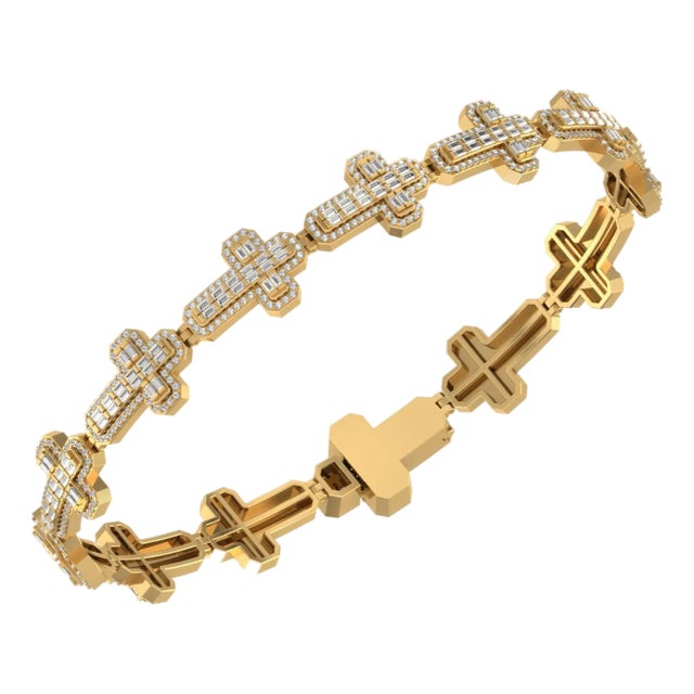 10k Yellow Gold Round Baguette Diamond Cross Religious 8 Inch Bracelet 2 CTTW For Sale