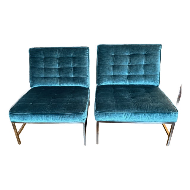 Mitchell Gold + Bob Williams Major Chairs in Iridescent Aquamarine Velvet, Pair For Sale