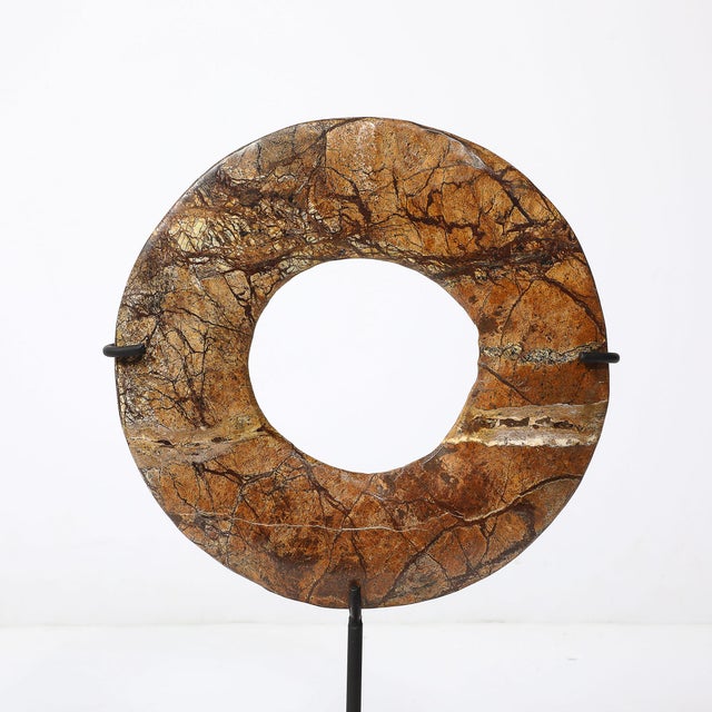 Chinese Neolithic Chinese Red Soapstone Bi Disc Carving on Iron Base For Sale - Image 3 of 7