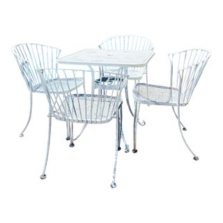Vintage Mid Century Modern Russell Woodard Pinecrest Style Patio White Wrought Iron Dining Table & 4 Chairs, Attributed For Sale