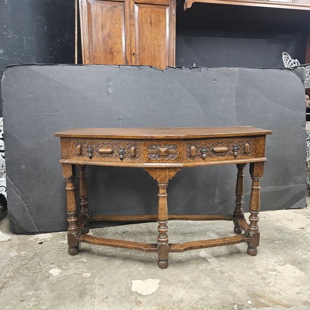 Gothic Vintage English Oak 2 Drawer Console Table With Shaped Front For Sale - Image 3 of 17