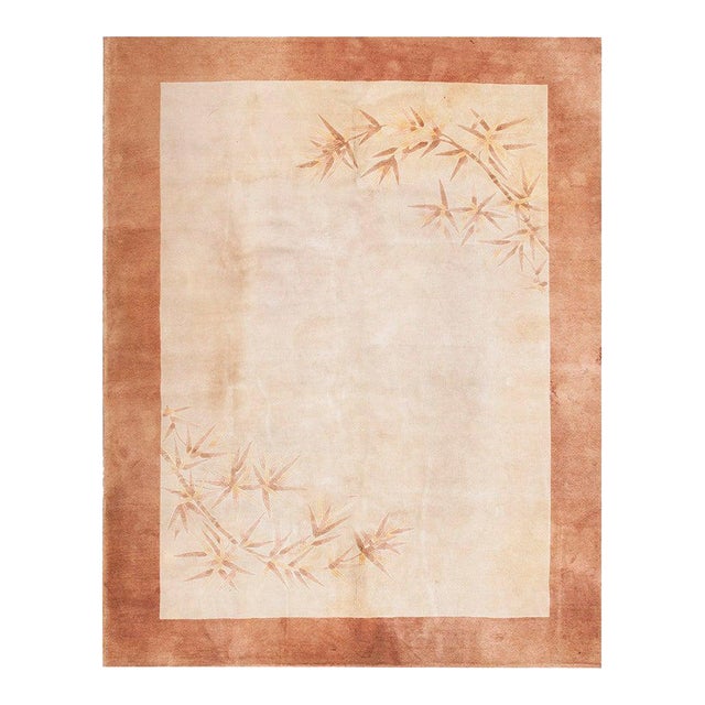 1920s Ivory Foliate Modern Antique Chinese Art Deco Rug 9' X 11'6" Hand Knotted Wool Carpet For Sale