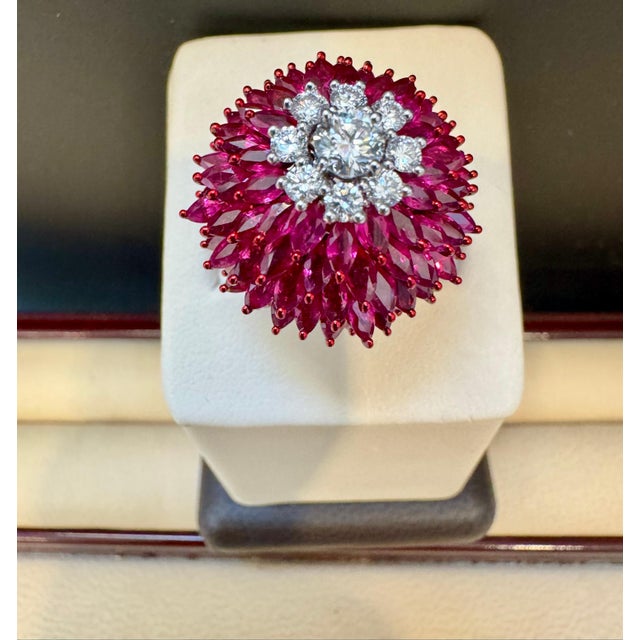 12 Ct Natural Marquis Ruby & 0.75 Ct Diamond 18 Kt White Gold Ball Ring Size 6 For Sale - Image 17 of 18