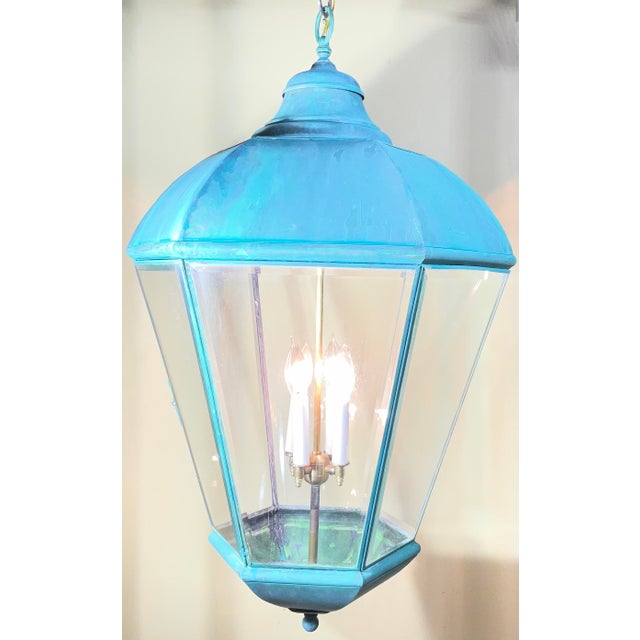 Large Vintage Solid Brass Hanging Lantern Chandelier / 34” H X 21” W For Sale - Image 10 of 18