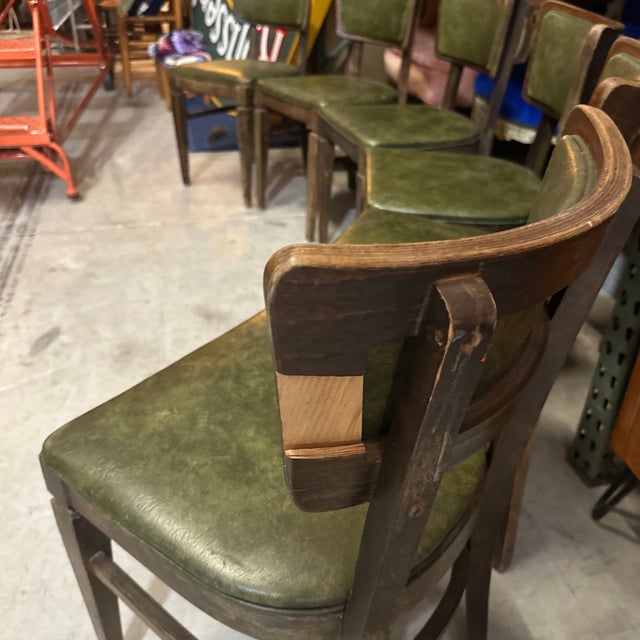 1970s Collection of Green Leather Gun Lock Style Wooden Dining Chairs- Set of 6 For Sale - Image 11 of 12