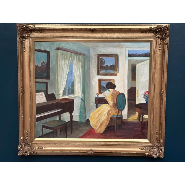 V. Hansen, Interior with Reading Woman, 1960s, Oil Painting on Canvas, Framed For Sale - Image 12 of 17