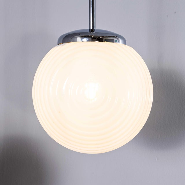 Glass Mouth-Blown Ribbed Opaline Pendant Lamp, 1940s For Sale - Image 7 of 12