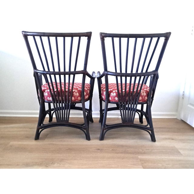 Palecek Palecek Vintage Dark Tone Armchair Tropical Motif Upholstered Seat Accent Chair – Pair For Sale - Image 4 of 11