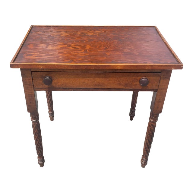 Early American Style Pine and Maple Spiral-Turned Leg Single Drawer Work Table For Sale