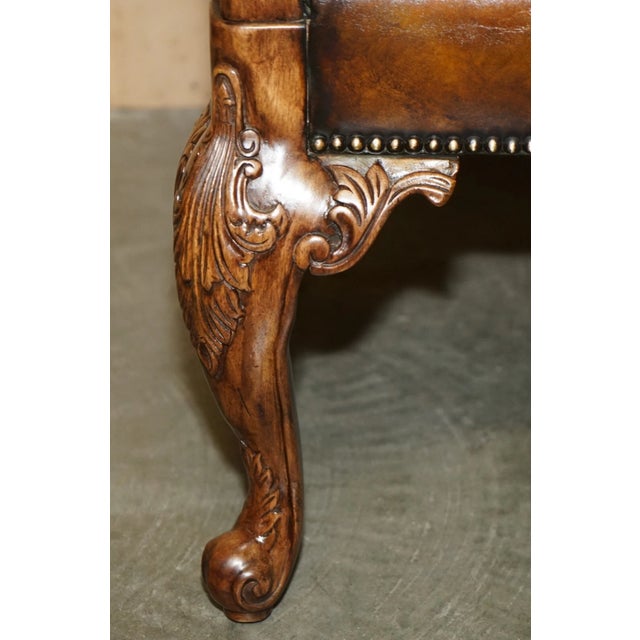Pair of Antique Heavily Carved Hand Dyed Brown Leather Throne Armchairs For Sale - Image 11 of 18