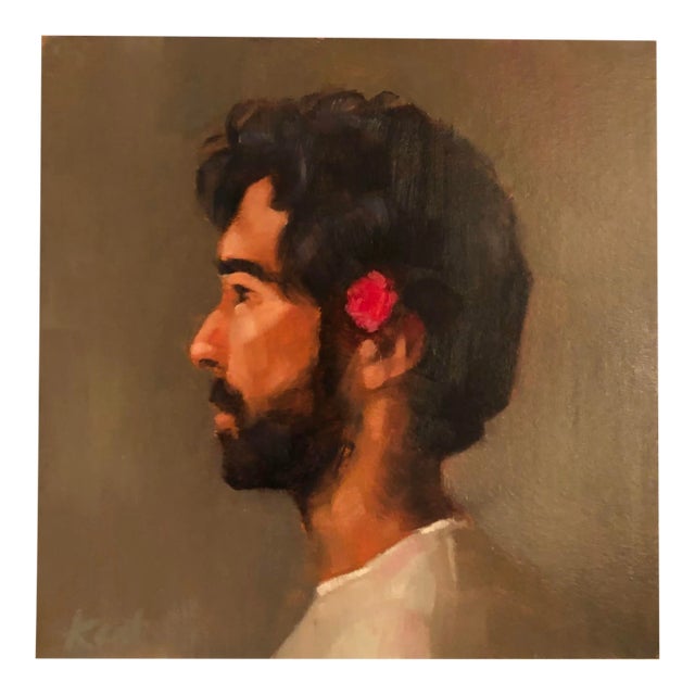 Vintage Style Kent Oil Portrait Handsome Bearded Man With Flower on Art Board For Sale