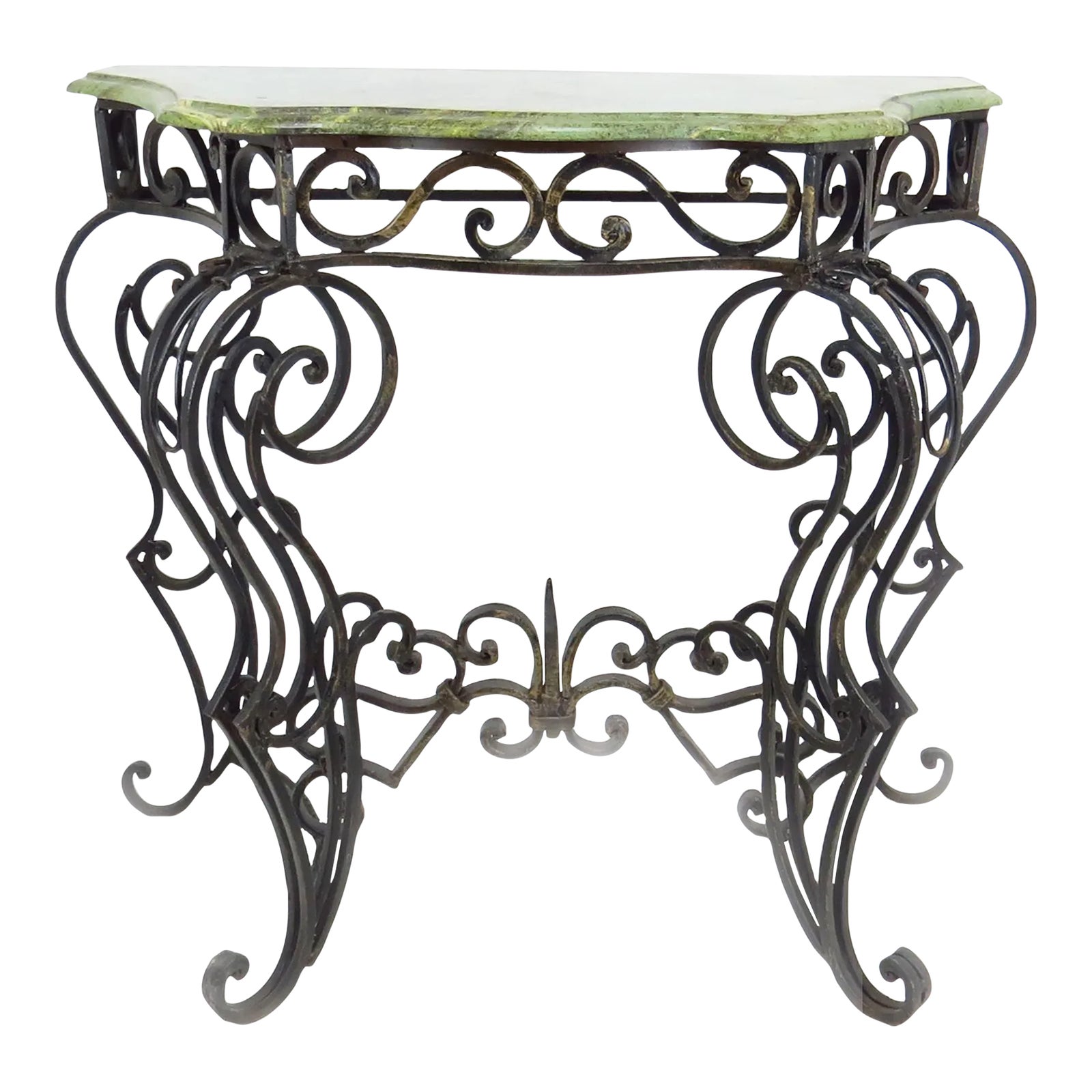 Early 20th Century French Iron Console Table With Jade Green Marble Top