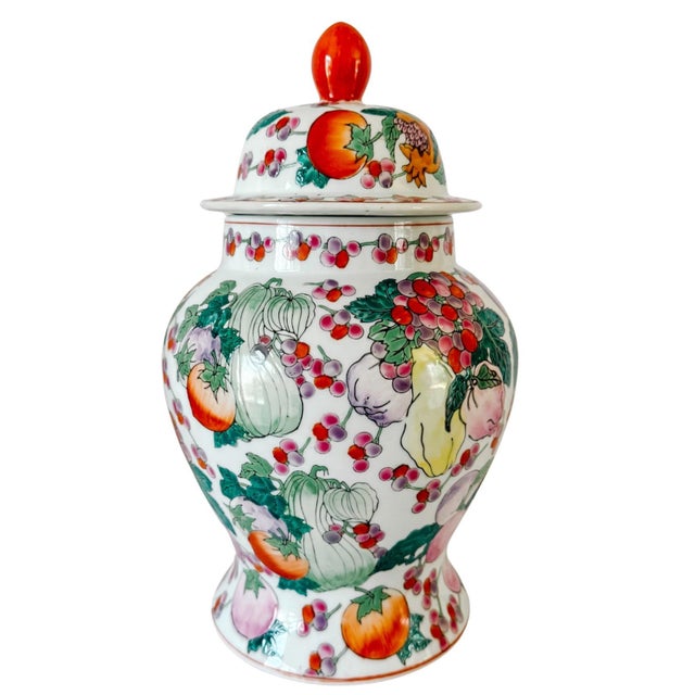 Vintage 1970s Chinese Export Porcelain Fruit Motif Temple Jars - Pair For Sale In San Diego - Image 6 of 13