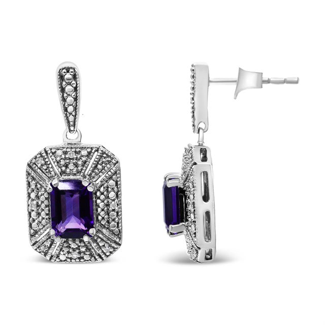 Contemporary .925 Sterling Silver Diamond Accent and 7x5mm Purple Amethyst Stud Earrings For Sale - Image 3 of 5