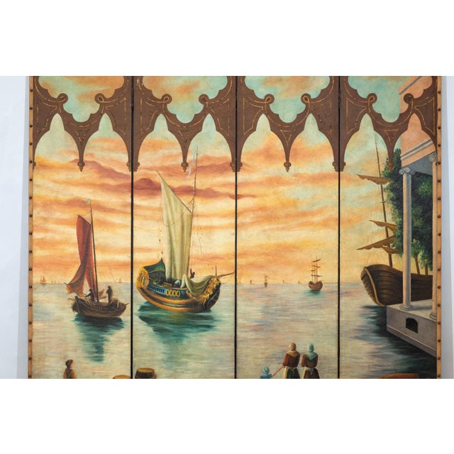 Wood Vintage Venetian Scene Four-Panel Folding Screen with Nautical Motifs For Sale - Image 7 of 12