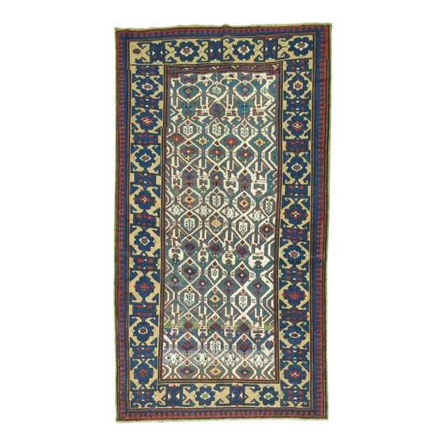 Early 20th Century Tribal Navy Dark Green Caucasian Kuba Rug - 3'7" x 6'1" For Sale