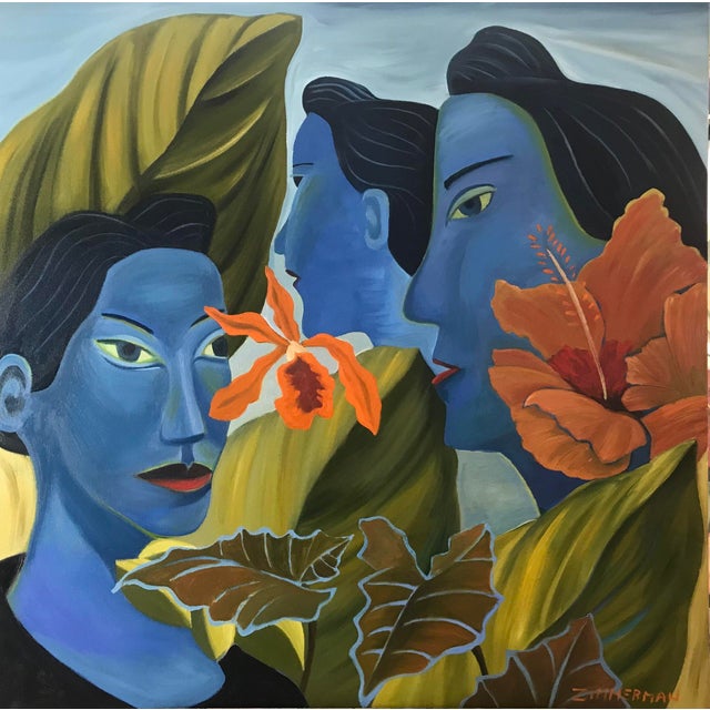 Three figures in deep blue profile face each other in a tropical setting of hibiscus flowers and warm golden foliage. The...