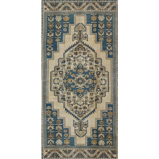 Turkish Vintage Turkish Rug With Geometric Design in Blue, Gold and Cream Colors For Sale - Image 3 of 9