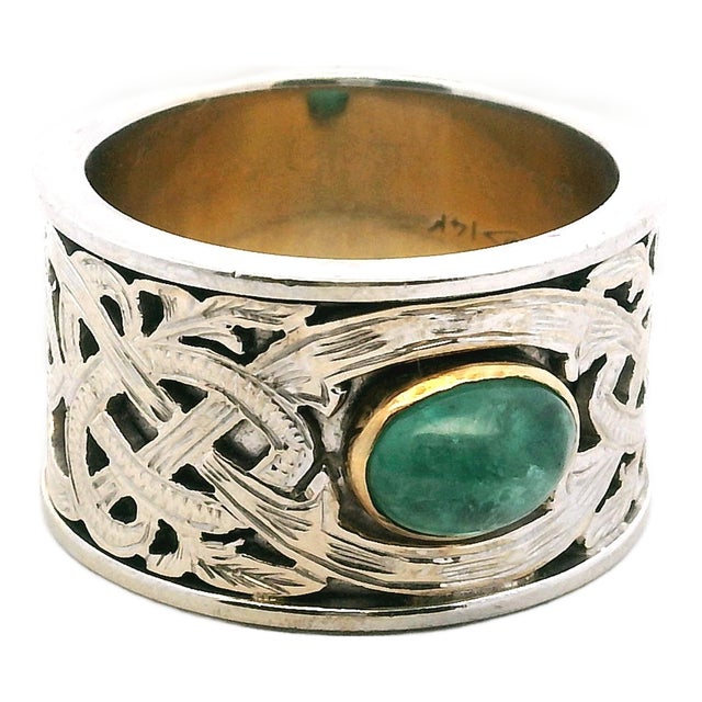 Vintage Samuel Aaron 14k White Gold Cabochon Emerald Wide Band Ring, Size 9.75 For Sale