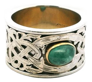 Vintage Samuel Aaron 14k White Gold Cabochon Emerald Wide Band Ring, Size 9.75