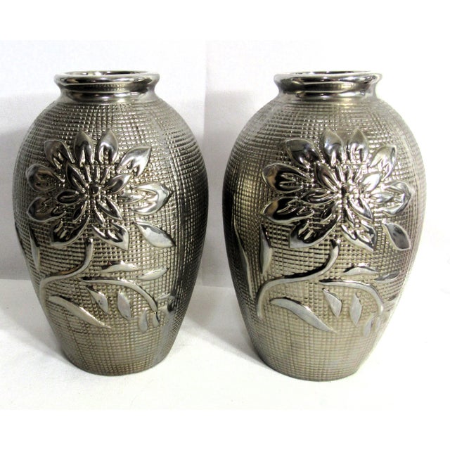Art Deco Vintage Pair of Silver Coated Clay Vases For Sale - Image 3 of 11