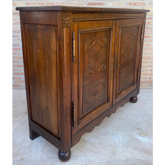 Spanish Carved Oak Cabinet with Geometric Panels, Early 20th Century For Sale - Image 4 of 15