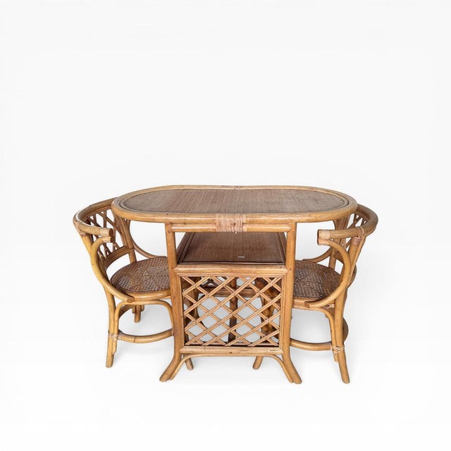 Mid-Century Bamboo and Rattan Compact Dining Table and Chairs, 1970s, Set of 5, in Flawless conditions. Designed 1970 to 1979