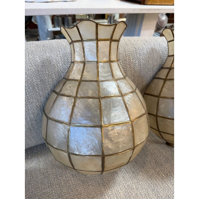 Pair of Capiz Shell and Brass Wall Sconces Large, 1970s For Sale - Image 4 of 10