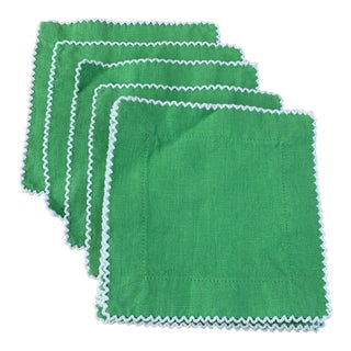 Green Linen Cocktail Napkins With Picot Edge - Set of 10 For Sale