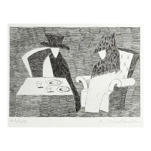 Mid 20th Century Abstract Couple at Dinner Etching